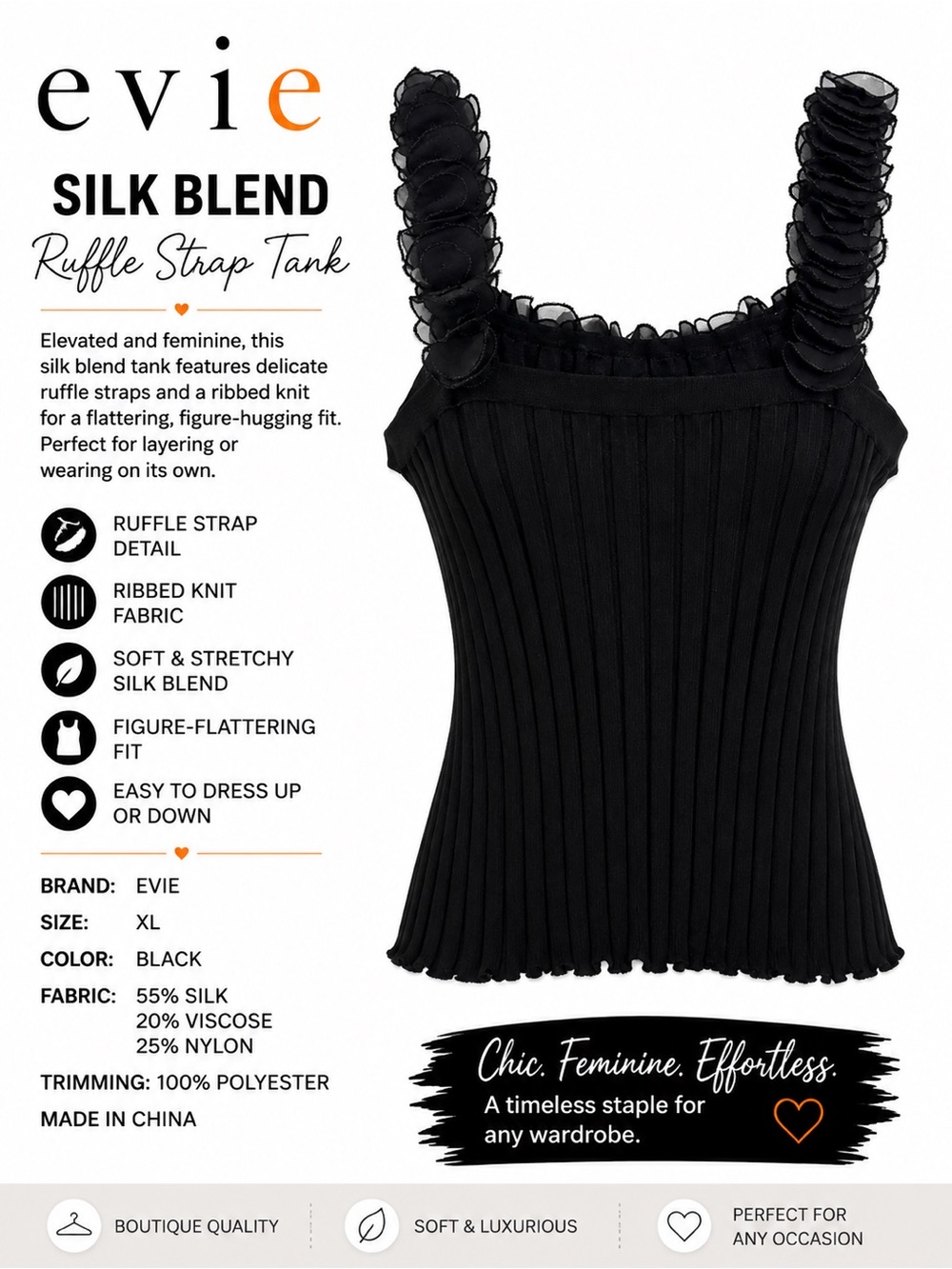 Evie Black Silk Blend Ribbed Ruffle Strap Tank Top Sleeveless XL Boutique
